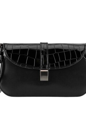 ELARA Black Croc-Embossed Flap Shoulder Bag with Sleek Lock Detail