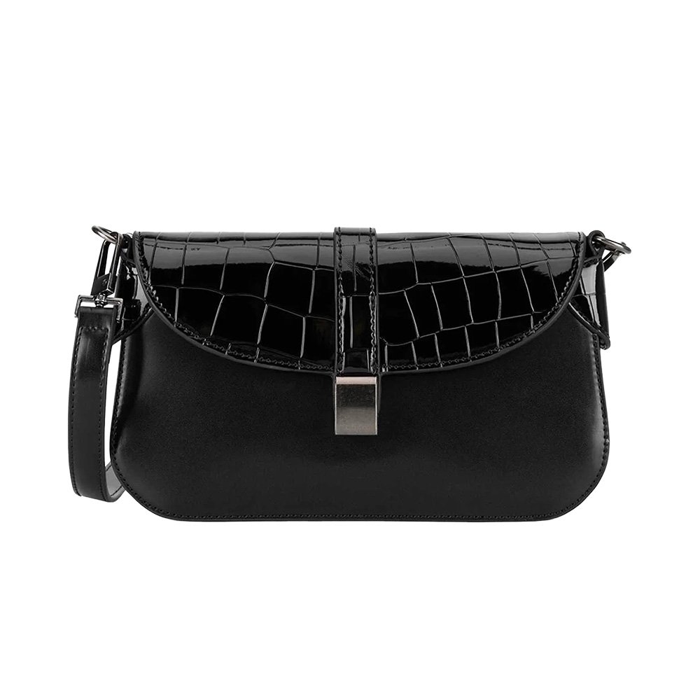 ELARA Black Croc-Embossed Flap Shoulder Bag with Sleek Lock Detail
