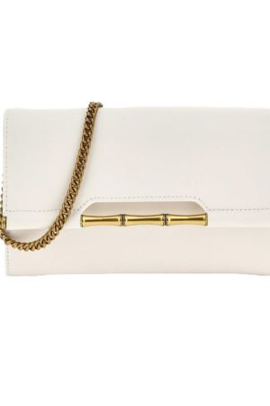 TAVIRA White Clutch Bag with Gold Bamboo Accent & Chain Strap